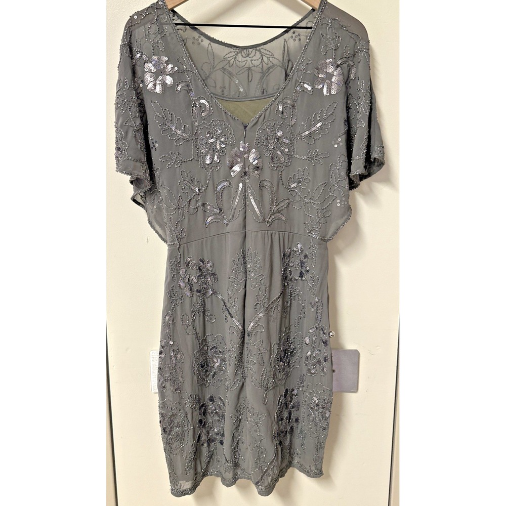 Molly Bracken Women Size Large Beaded Sequin Woven Mini Dress Dark Gray - Picture 6 of 13